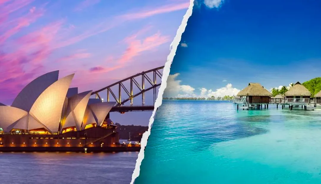 Sydney Opera House e bungalow overwater a Bora Bora per viaggio Australia e Polinesia
